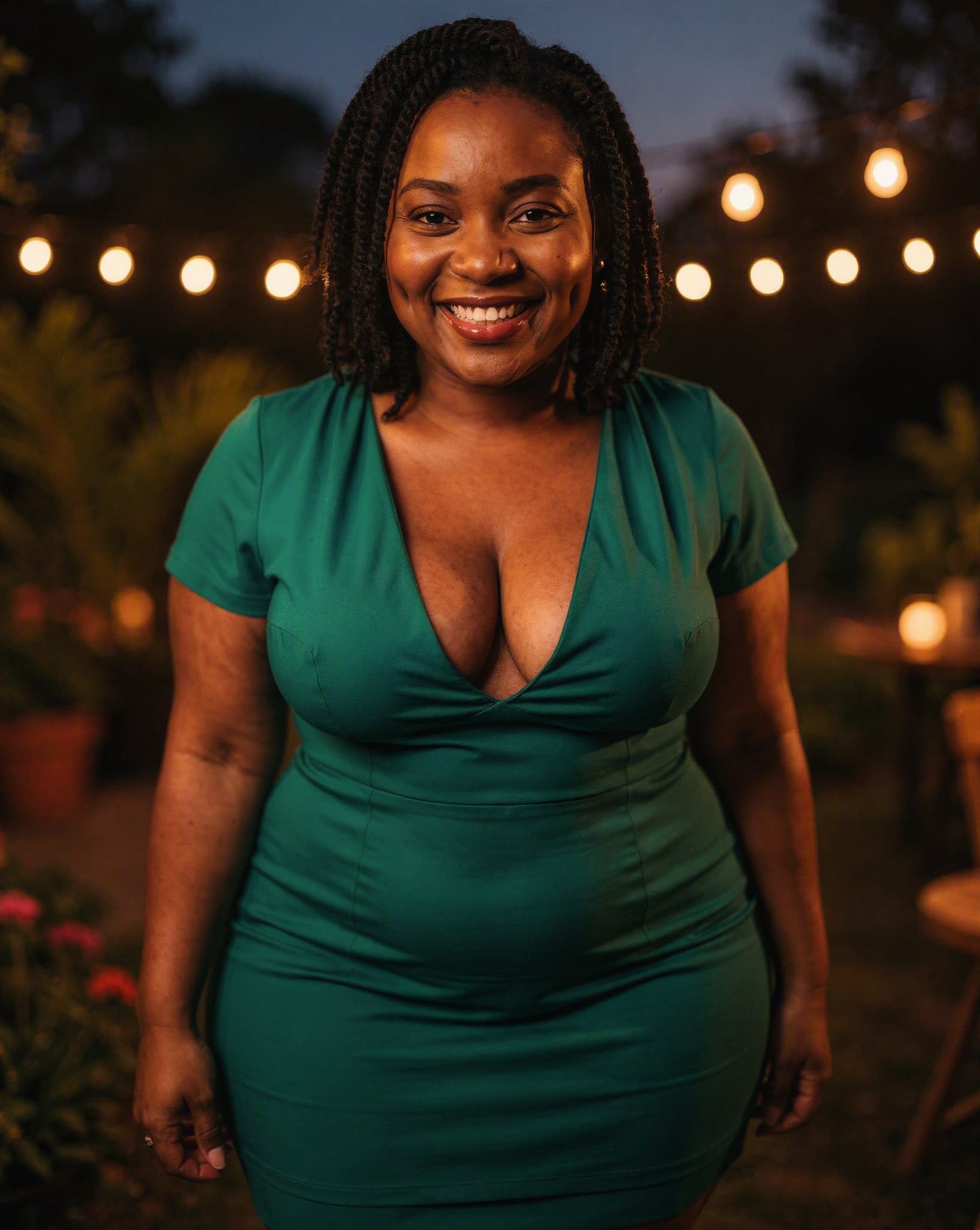Esther in an emerald cocktail dress at a garden party — a No Safe Word character