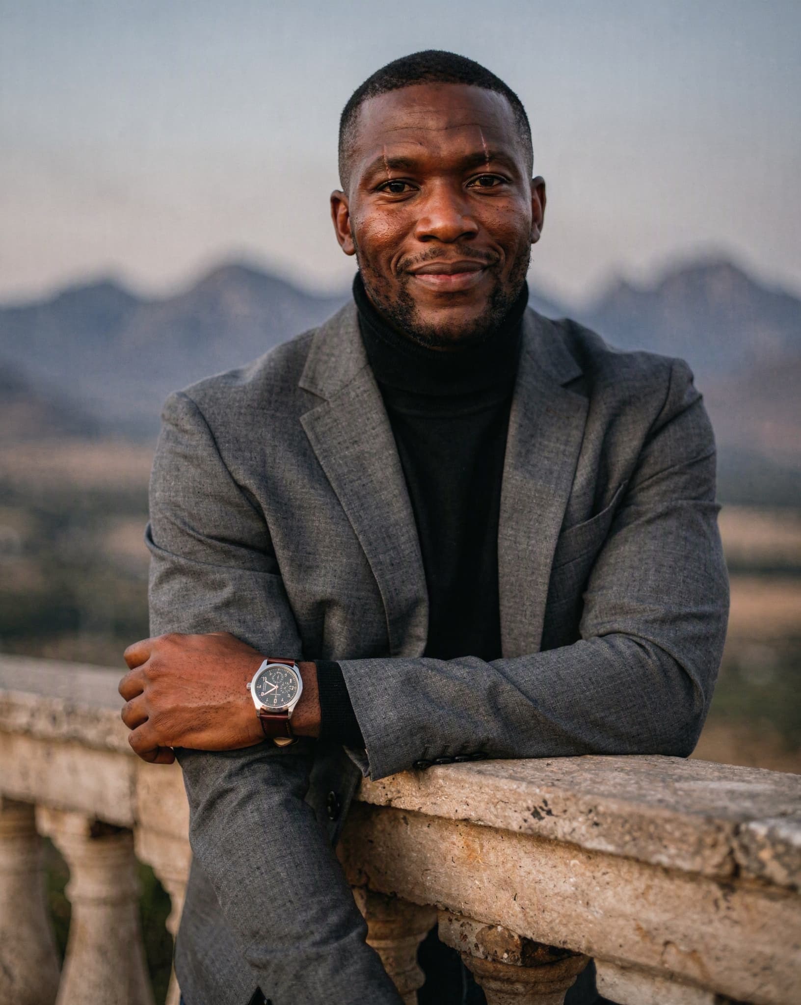 Khotso on a Lesotho mountain-lodge terrace — a No Safe Word character