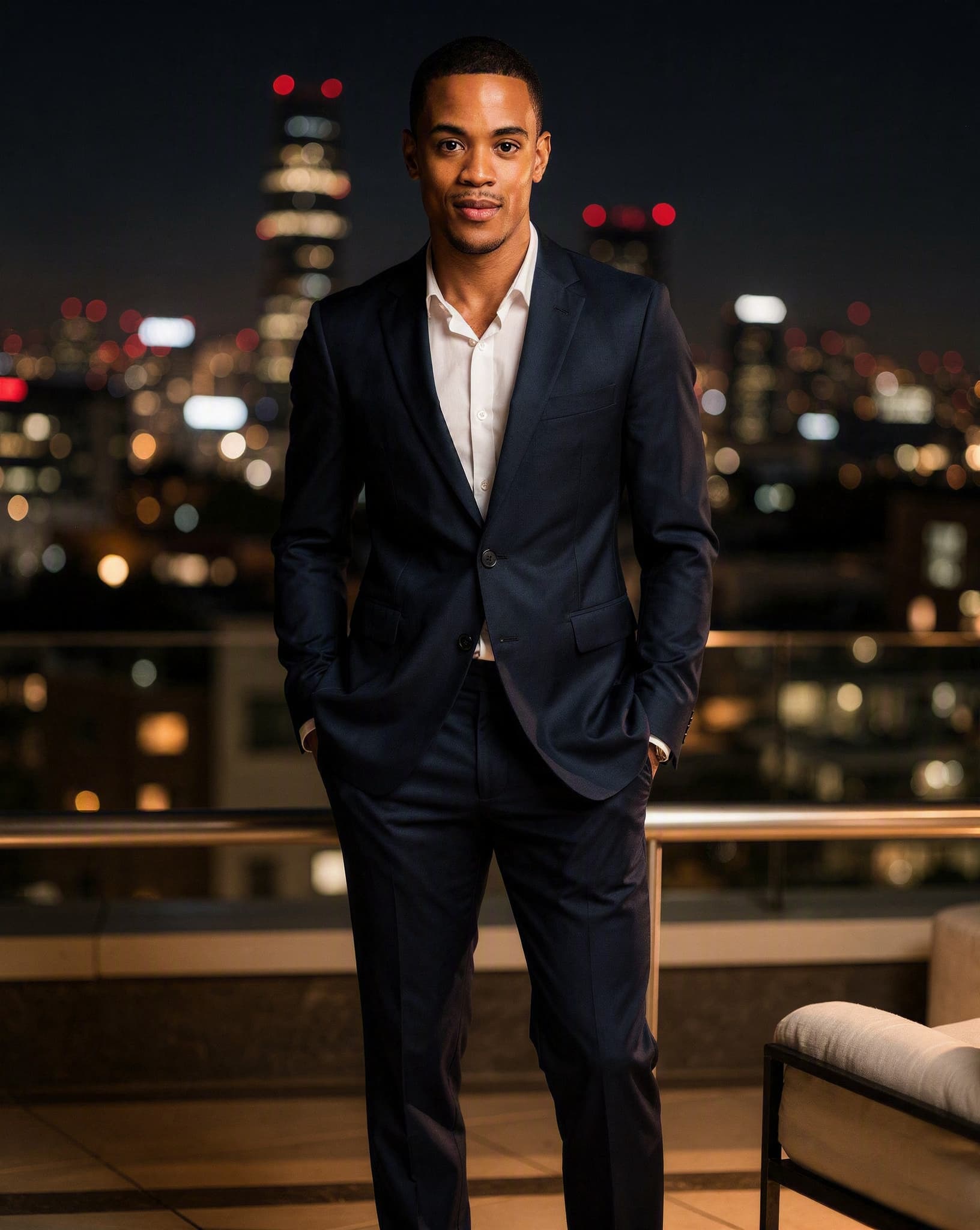 Langa in a midnight-blue suit on a Rosebank penthouse balcony — a No Safe Word character
