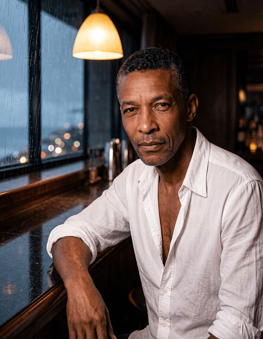 Luvuyo in a rumpled white shirt in an East London hotel bar — a No Safe Word character