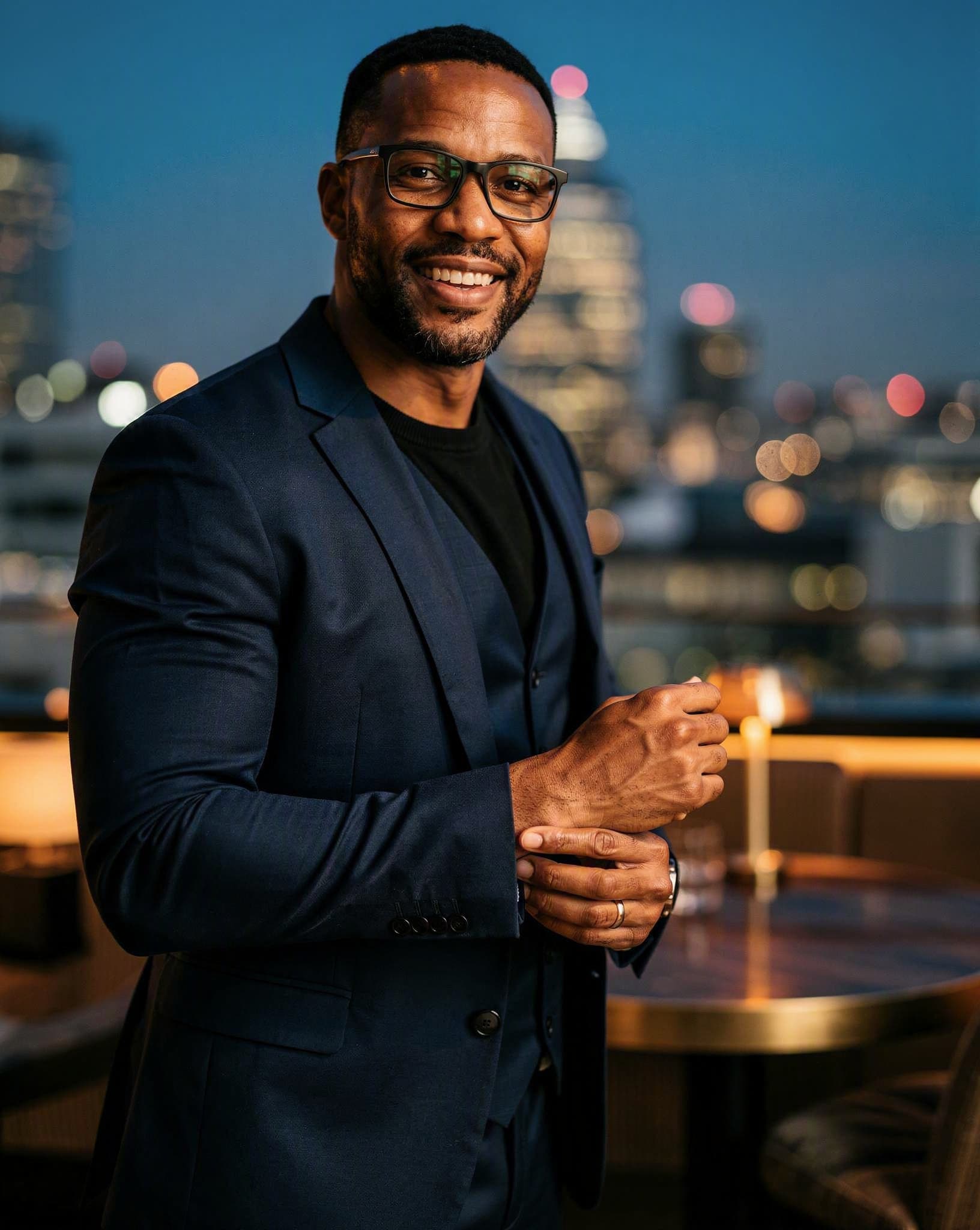 Siyabonga in a navy three-piece suit at a rooftop bar — a No Safe Word character