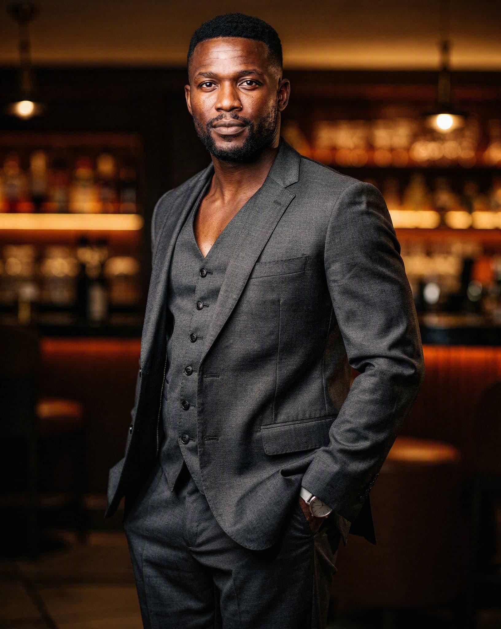Khaya in a charcoal three-piece suit at a Melrose Arch lounge — a No Safe Word character