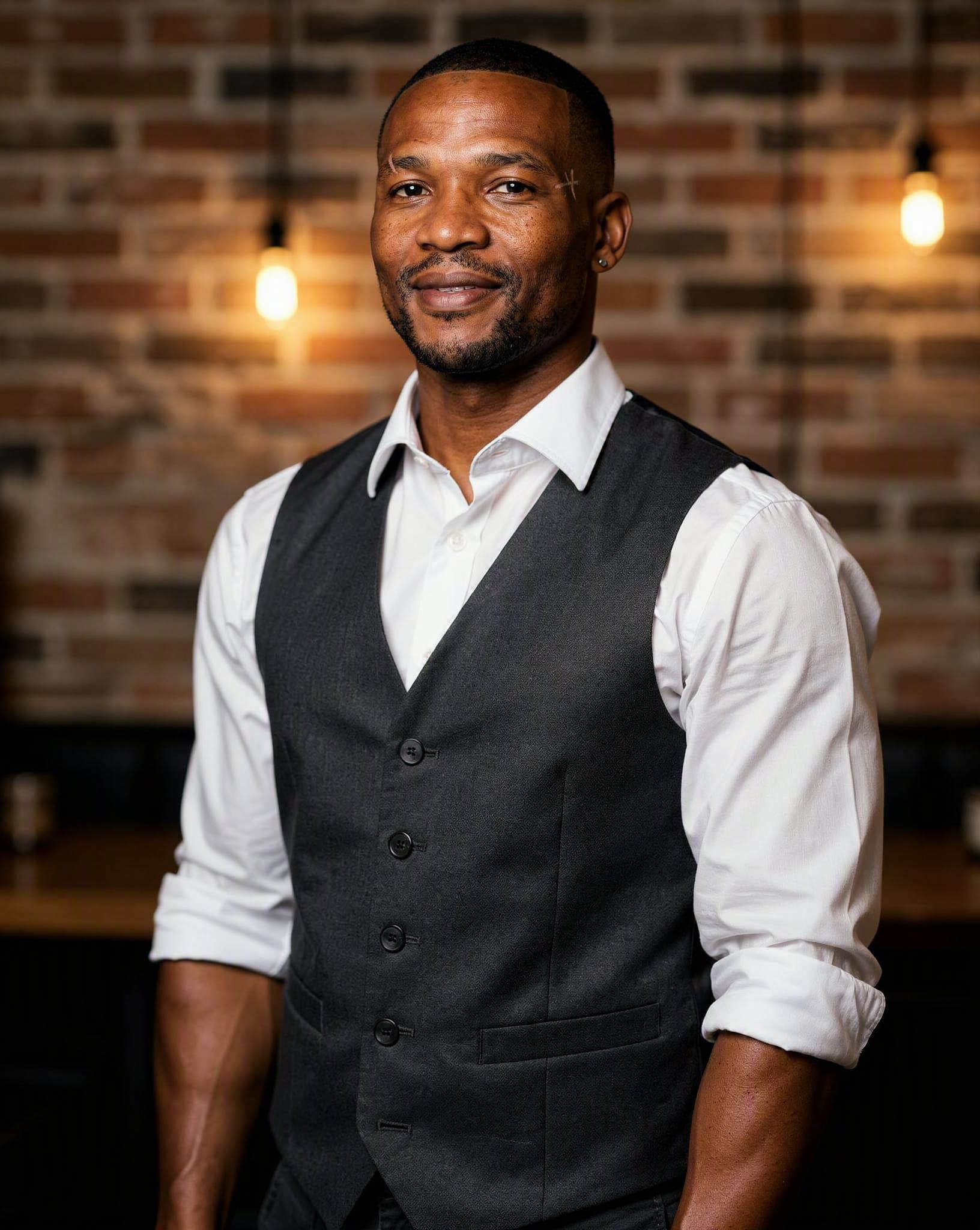Thabo in a waistcoat at an industrial-chic Joburg bar — a No Safe Word character