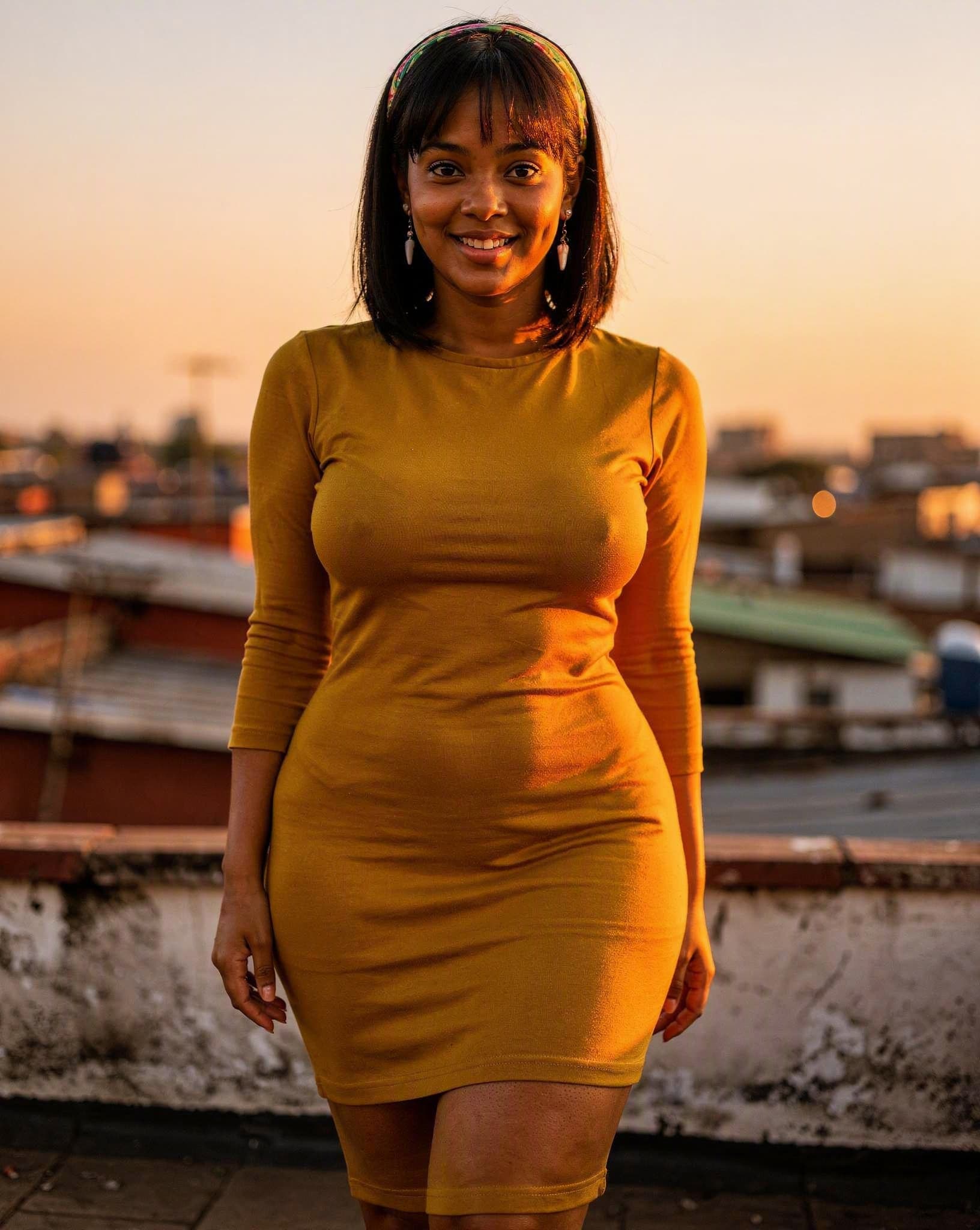 Zanele in a mustard dress at a Soweto rooftop sundowner — a No Safe Word character